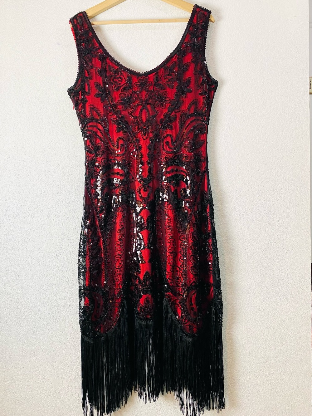 Fundaisy 1920s Red Black Sequin Fringe Flapper Dress Large Gatsby Cocktail Party - Picture 6 of 12